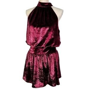 Ramy Brook Women Ellin Velvet Halter Neck Mini Dress Smocked Waist Red M